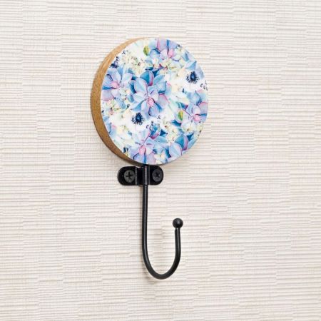 Multicolor Floral Pattern Round Wood and Resin Key Hooks for Hanging